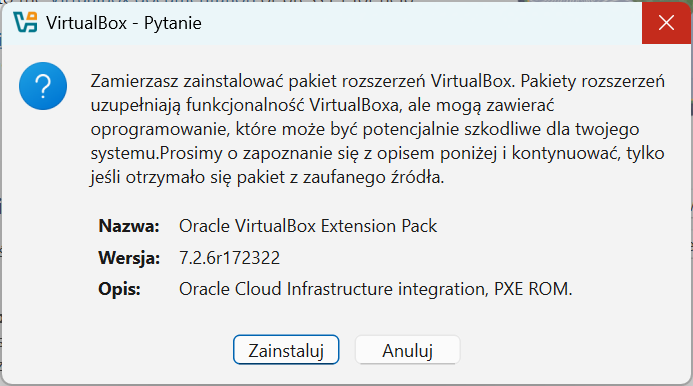 VirtualBox i Extension Pack