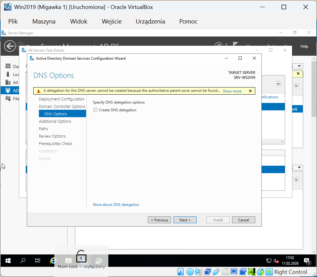 DNS Options – ostrzeżenie delegacji