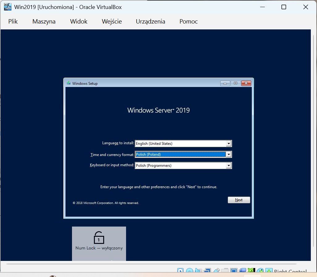 Ekran 1 – wybór języka i ustawień regionalnych